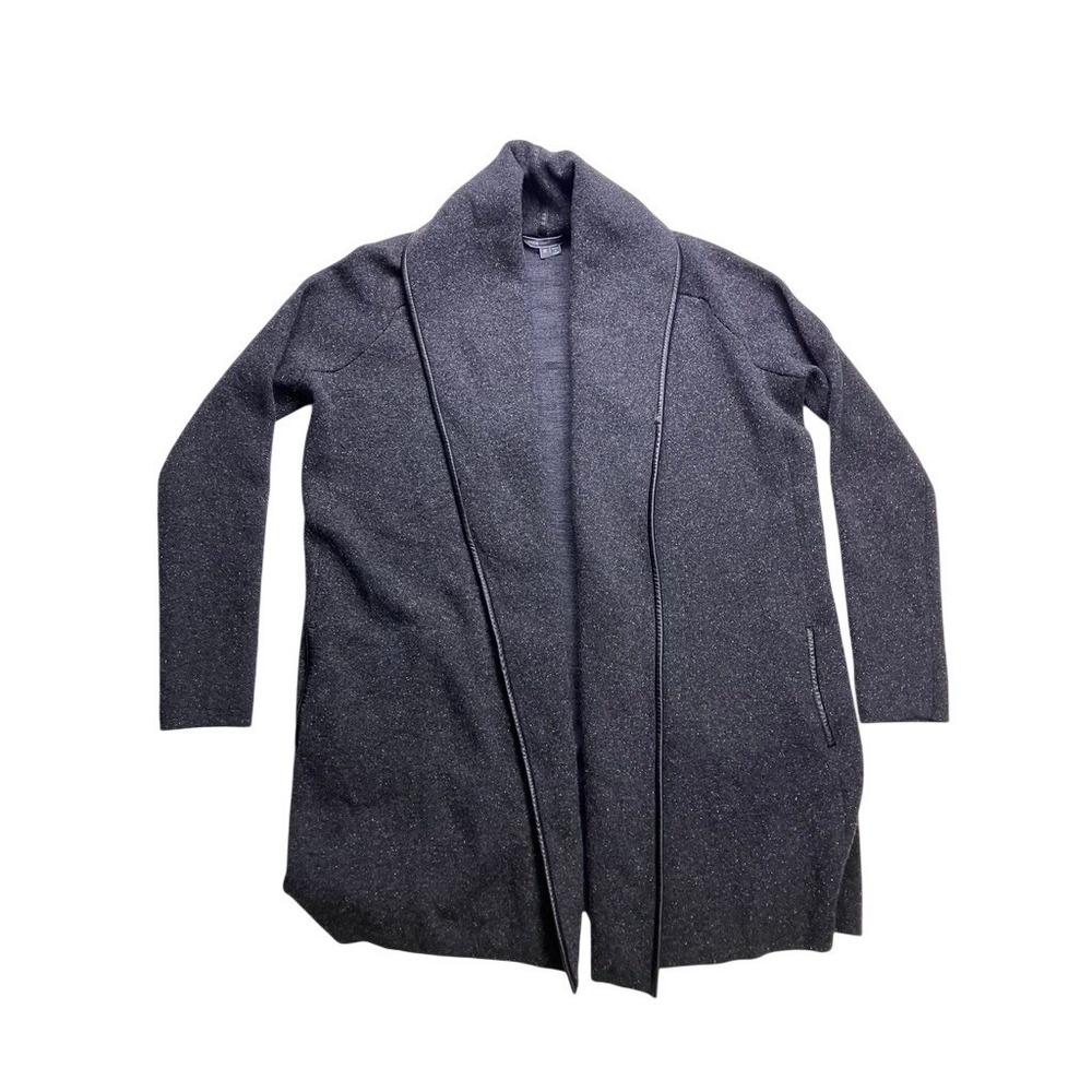 Vince Cardigan Coat Women Medium‎ Charcoal Grey Leather Trim Open Front Luxury